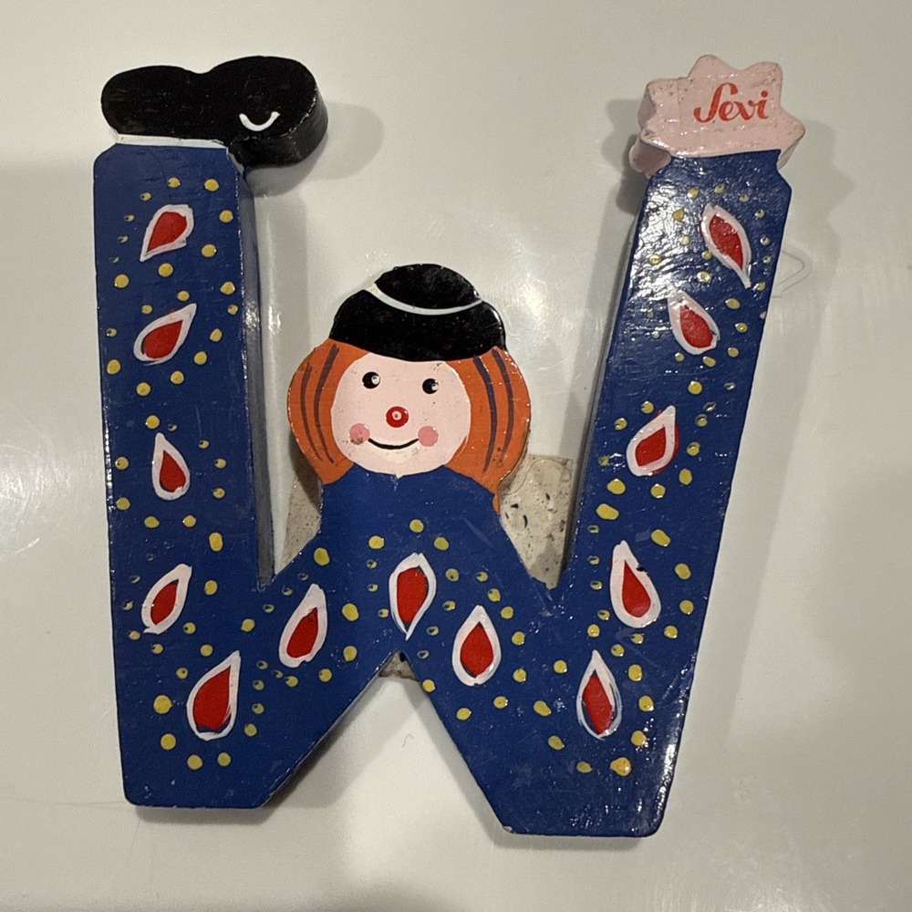 Vtg Sevi Clown Child Kids Alphabet‎ Wooden Letter W Personalized Decor Blue